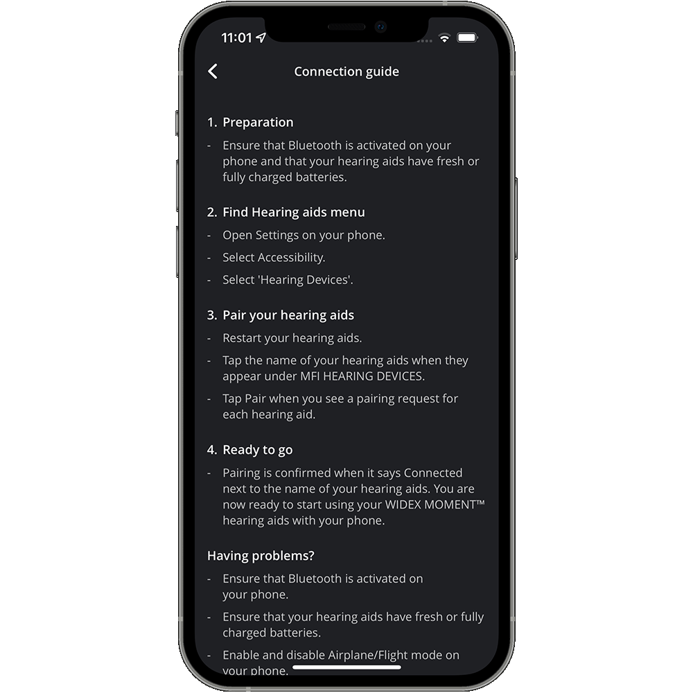Widex Moment app screenshot - connection guide